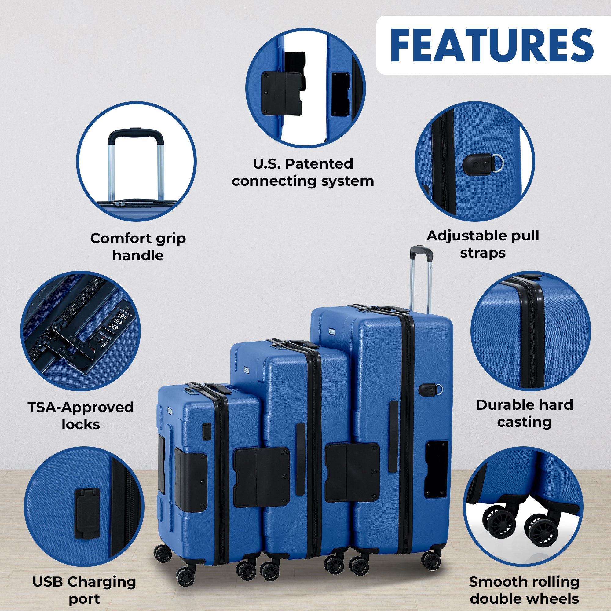 TACH V3.1 Connectable Luggage Bag, Set of 3 (Carry-on+Medium+Large), Hard shell
